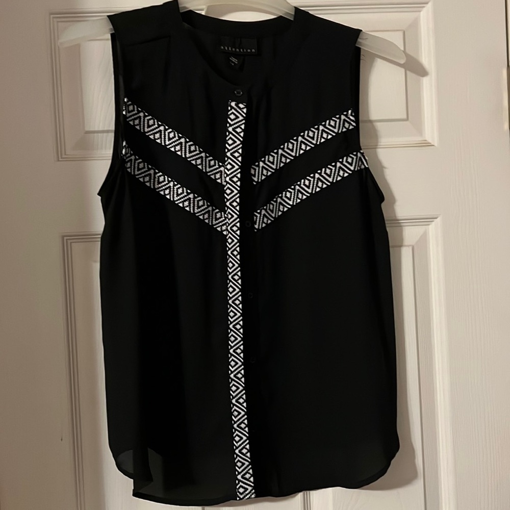 Attention button up blouse Black w/black white trim. Size large